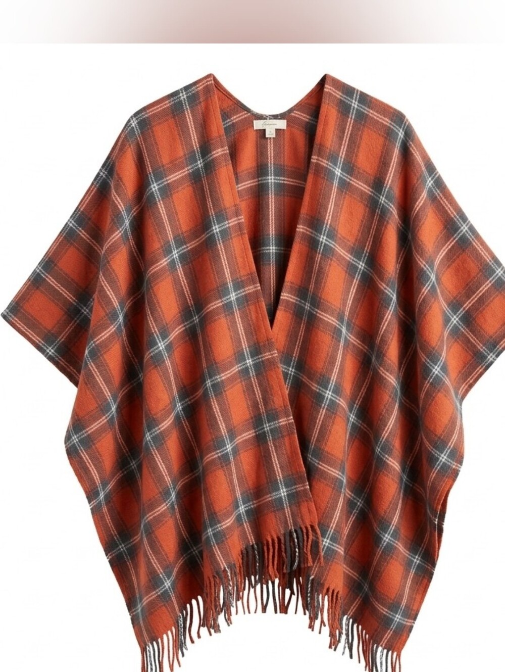LOFT Rust Plaid Fringe Open Poncho Shawl EUC Size OSFM